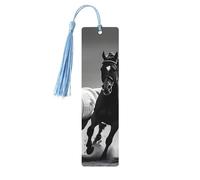 Black and White Horses Running Wooden Bookmark Birthday Present Tassels Crafts Perfect Decoration for Bookmarks