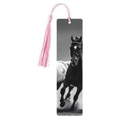 Black and White Horses Running Wooden Bookmark Birthday Present Tassels Crafts Perfect Decoration for Bookmarks