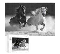 Black and White Horses Running Wooden Jigsaw Puzzle Set with Storage Box 1000 PCS Smooth Touch Wood Decorative Puzzles Art Wooden Puzzle Gift for Adult Home Relaxation Game & Wall Art Decor