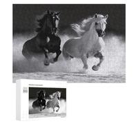 Black and White Horses Running Wooden Jigsaw Puzzle Set with Storage Box 300 PCS Smooth Touch Wood Decorative Puzzles Art Wooden Puzzle Gift for Adult Home Relaxation Game & Wall Art Decor