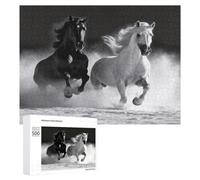 Black and White Horses Running Wooden Jigsaw Puzzle Set with Storage Box 500 PCS Smooth Touch Wood Decorative Puzzles Art Wooden Puzzle Gift for Adult Home Relaxation Game & Wall Art Decor