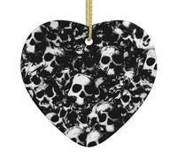 Black And White Human Skull 3 D Printed Christmas Ornament Ceramic Heart-Shaped Xmas Holiday Parties Tree Pendant Ornament For Indoor/Outdoor Home Decor