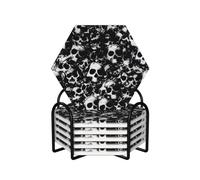 Black And White Human Skull 6-Piece Set Of Ceramic Coasters Fully Printed Non-Slip Absorbent Coasters, Made Of Environmentally-Friendly And Safe Ceramic Materials, Equipped With Metal Storage Racks