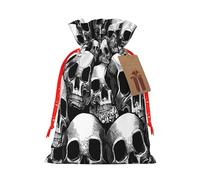 Black and White Human Skull -Print Burlap Drawstring Bags - Eco-Friendly Reusable Pouches For Wedding Favors, Christmas & Birthday Presents.