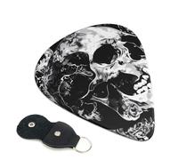 Black and White Human Skull Printed Guitar Picks, 6 Pack with Leather Keychain Pick Holder - 0.46mm, 0.71mm, 0.96mm Assorted Thickness for Acoustic Ukulele, Electric Guitar, Acoustic Guitar, Bass