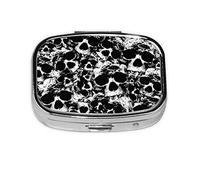 (Black and White Human Skull) Square Pill Box with 2 Compartment Small Pill Organizer Portable Pill Case Vitamin Containers, Travel Essentials 5.5x4x1.8 cm