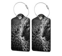 Black and White Image of A Leopard,Luggage Tags Pu Leather Name Tag Travel Suitcase Identifier ID Tags Durable Luggage Label 2 pcs