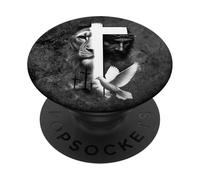 Black and White Jesus Cross Lion and Dove Christian Art PopSockets Adhesive PopGrip