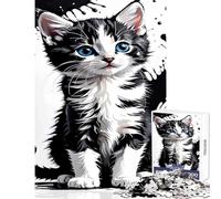 Black And White Kitten with Blue Eyes 1000 Piece Jigsaws for Teenagers Puzzle Strengthen Mind Clarity And Sharpness Calm Serene Leisure Activity (38x26cm)