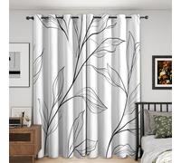 Black and White Leaf Blackout Curtains for Living Room, Minimalist Botanical Line Art Curtains for Bedroom, Eyelet Modern Leaf Pattern Window Treatments 72 Drop, 2 Panels Drapes (W52 x L72)