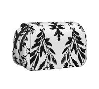 Black and White Leaves Printed Print Flip Top Double Layer Pencil Case - Large Capacity School Supplies Organizer for Students, Kids, Teens, Artists, Travel & Office Use