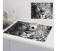 Black and white leopard face Dish Drying Mat for Kitchen Counter Super Absorbent Microfiber Drainer Mats Large Size Dish Drying Pad Quick Drying Dish Rack Pad 18"x 24"
