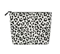Black and White Leopard Print with Monogram, Cosmetic Bag Imitation Linen Makeup Bag Portable Travel Toiletry Bag