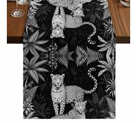Black And White Leopard Table Runner, Tropical Plants Palm Leaf Jungle Animal Cotton and Table Linen Runner for Kitchen Dining Home Decor for Party Festival Holiday Decoration Gift 13x120in