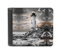 Black and White Lighthouse Men's Wallets Minimalist Bifold Wallet Leather Card Cases Casual Coin Purse