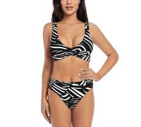 Black and White Lines Print Women's Waisted Bikini Sets V Neck Two Piece Swimsuit for Beach & Pool, Black, XL