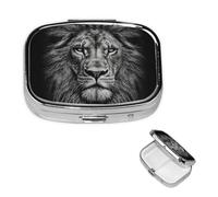 Black and White Lion Head Pill Case with Mirror Retro 2 Compartment Pill Box Small Pill Organizer for Purse or Pocket Decorative Metal Medicine Vitamin Organizer Unique Gifts
