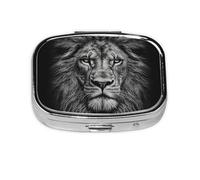 Black and White Lion Head Print Pill Box Square Pill Case 2 Compartment Small Metal Medicine Organizer Portable Travel Pillbox for Pocket Purse Cute Mini Pill Container to Hold Daily Vitamins