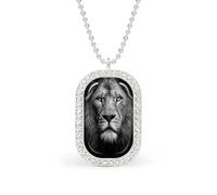 Black And White Lion Portrait Rectangle Pendant Necklace Silver Women Jewelry Alloy Keychain Tag Jewelry