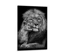 Black And White Lion Poster Animal Wall Art Parent And Cub Art Print Wildlife Decor for Living Room Safari Themed Home Decoration Nature Photography Artwork Gift 08x12inch(20x30cm) Framed