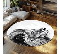 Black and White Lion Round Rug 150cm Modern Minimalist Washable Non Slip Low Pile Foldable Non Shedding Throw Circle Carpet for Bedroom Deck Patio
