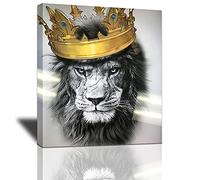 Black and White Lion with Crown Canvas Wall Art Abstract King Animal Artwork Lion Head Portrait Gold Modern Home Print Painting Large Wooden Wall Décor Framed Poster for Bedroom Bathroom 20x24 Inch