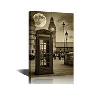 Black and White London The Big Ben Canvas Wall Art England Cityscape Painting Moon and A Phone Booth Pictures for Living Room Framed Stretched Ready to Hang 24x16 inch