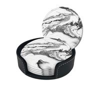 Black And White Marble Print Round Leather Coasters - Set Of 6, Ultra-Fiber Pu Leather