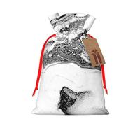 Black and White Marble Printed Christmas Drawstring Bags with Red Ribbon - Reusable Burlap Drawstring Gift Pouches, M