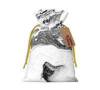 Black and White Marble Printed Christmas Drawstring Bags with Yellow Christmas Ribbon - Reusable Burlap Drawstring Gift Pouches, M