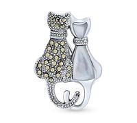 Black And White Marcasite Two Cute Sitting Cat Kitten Kitty Brooch Pin For Women .925 Sterling Silver White Mother of Pearl