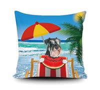 Black And White Miniature Schnauzer Dog Eat Watermelon Throw Pillow Cover Happy Summer Beach Palm Tree Decorative Pillow 45cmx45cm