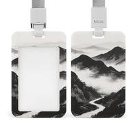 Black and White Mountain ID Badge Holder with & Lanyard - Durable ABS Plastic, Vertical ID Card Holders, Waterproof Badge Reel for Nurse, Teacher, Office & Gym