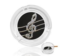 Black And White Musical Notes Ashtray Portable 3.3in, Round Crystal Glass Ashtray with 3 Cigarette Holders & Anti-Slip Base, Decorative Ash Trays for Desk, Car, Office, Home