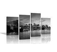 Black and White New York City Bridge Canvas Pictures Framed 4 Panel Wall Art Prints - Ready to Hang - Gift, Bedroom, Office, Livingroom Artwork 89cm x 56cm (35x22")