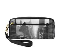 Black and White New York Printed Leather Makeup Bags with Wrist Strap Portable Travel Toiletry Bag Cosmetic Organizer Bag for Women