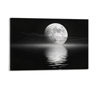 Black And White Ocean Canvas Wall Art Full Moon in Sea Paintings Beach Landscape on Night Picture Prints Office Decor08x12inch(20x30cm)