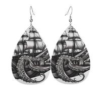 Black and White Octopus and Ship Leather Earrings Dangle Drop for Women Lightweight Teardrop Earrings Pendant Christmas Birthday Gift Fashion Jewelry Outfits Accessories