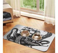Black and White Octopus and Ship Pet Feeding Mat Absorbent Pu Leather Dog Cat Food Mats Contain Spills Protects Floors, Anti-Slip Rubber Backing Dog Bowl Mats Easy Clean Pet Placemats 30x45cm