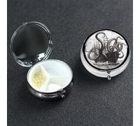 Black and White Octopus and Ship Pill Box 3 Compartment Round Metal Pill Case for Purse & Pocket, Portable Medicine Organizer Travel Pillbox Daily Pill Container Holder to Hold Vitamins, Fish Oil