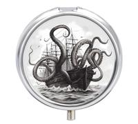 Black and White Octopus and Ship Pill Box Cute Round Pill Case Portable Medicine Tablet Vitamin Holder Organizer for Purse Pocket