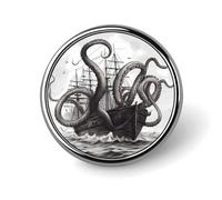 Black And White Octopus And Ship Round Lapel Pins for Men Women Metal Button Pin Fashion Personalized Brooch Pins for Men Suits Cute Brooch Badge for Backpack Clothing Hat Bag Decoration