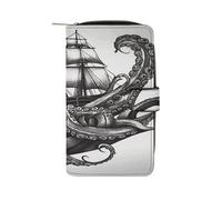 Black And White Octopus And Ship Wallet Multifunctional Leather Wallets for Men Compact Long Wallet Credit Card Holder Passport Bag