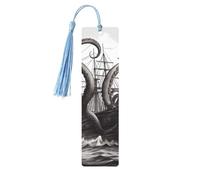 Black and White Octopus and Ship Wooden Bookmark 5pcs for Book Lovers,DIY Wood Craft Bookmarks with Colorful Tassels Wooden Gift Tags Labels OrnamentsUnusual Gift for Men Women