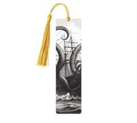 Black and White Octopus and Ship Wooden Bookmark 5pcs for Book Lovers,DIY Wood Craft Bookmarks with Colorful Tassels Wooden Gift Tags Labels OrnamentsUnusual Gift for Men Women