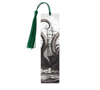 Black and White Octopus and Ship Wooden Bookmark 5pcs for Book Lovers,DIY Wood Craft Bookmarks with Colorful Tassels Wooden Gift Tags Labels OrnamentsUnusual Gift for Men Women