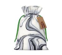 black and white paint mixed Printed Christmas Drawstring Bags with Green Christmas Ribbon - Reusable Burlap Drawstring Gift Pouches, M