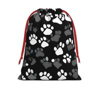Black And White Paw Print Print Christmas Drawstring Gift Bags, Xmas Holiday Fabric Gift Wrapping Bag For Party, Size-L