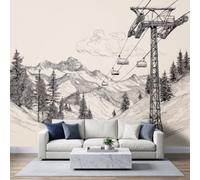 Black and White Pencil Sketch Wall Mural 450x315cm, Cable Car Pine Forest Non-Woven Fleece Photo Wallpaper, Premium Art Print - Mural Wallpaper Decoration for Bedroom Living Roo