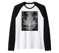 Black and White Photo of Coastal Palm Tree Beach Sunset Raglan Baseball Tee
